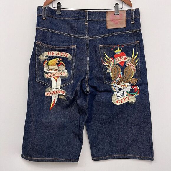 Ed Hardy Y2K Mens 38 Button Fly Wide Leg Jean 16" Shorts Embroidered Eagle Skull - Picture 2 of 12